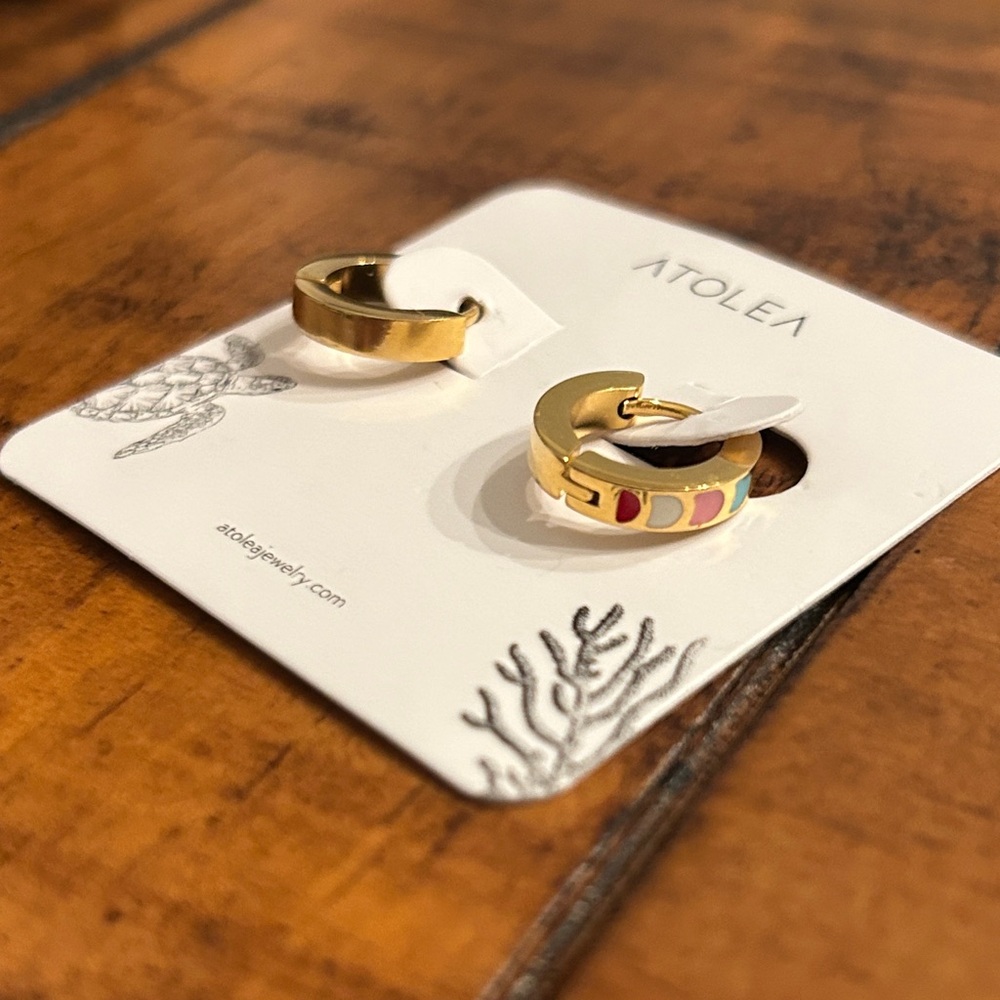 Atolea Designer beachwear Gold multi color enamel huggie Hoop Earrings
